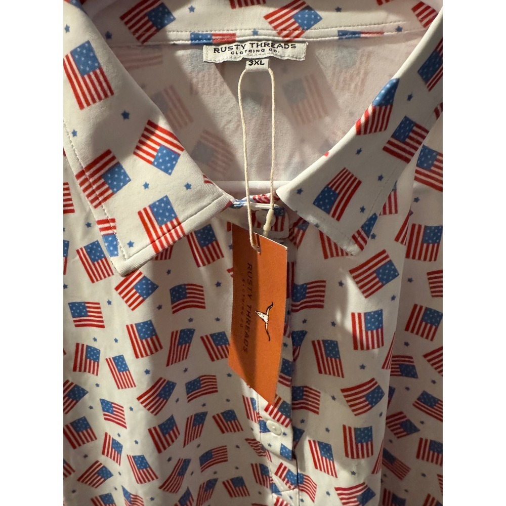 Rusty Threads Mens 3XL American Flag Polo Shirt Patriotic Stars White Red Blue